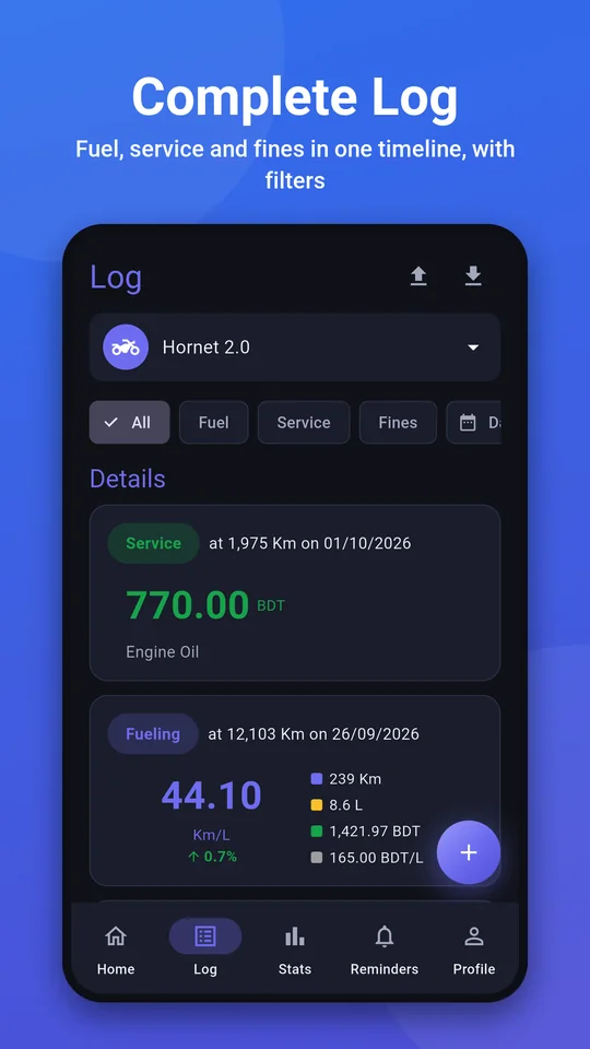 Log: fuel, service and fines in one timeline