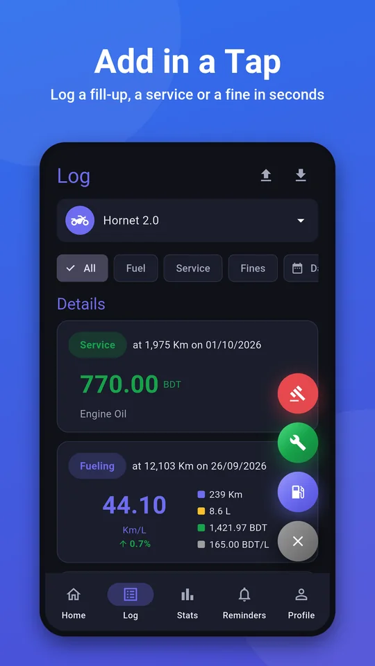 Add a fill-up, service or fine in a tap